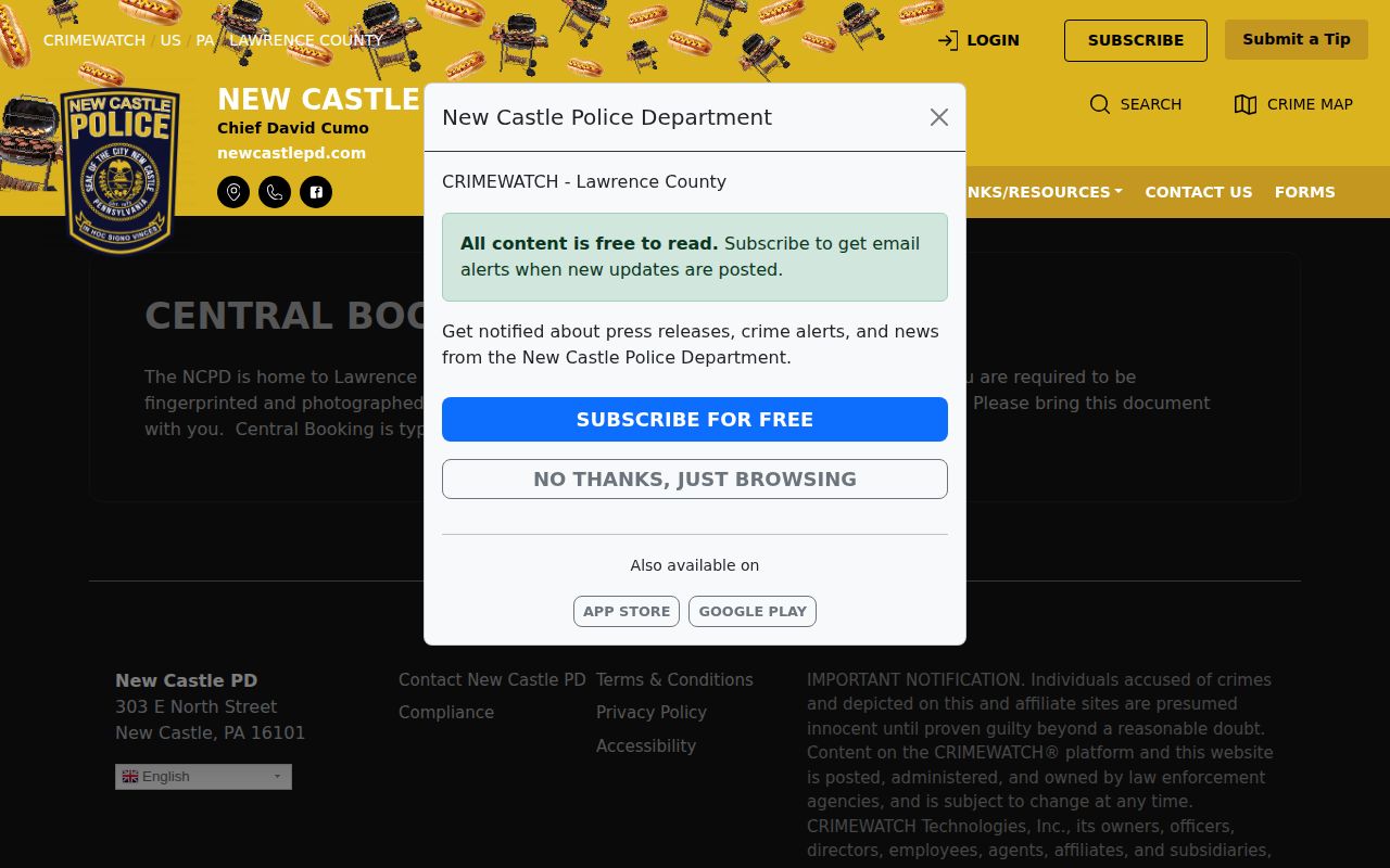 Lawrence County booking record information from New Castle Central Booking