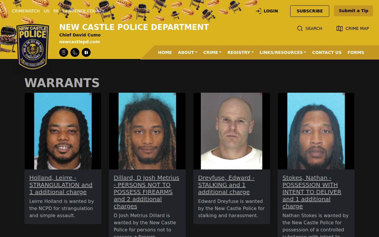 Lawrence County warrant listing interface from New Castle Police CRIMEWATCH