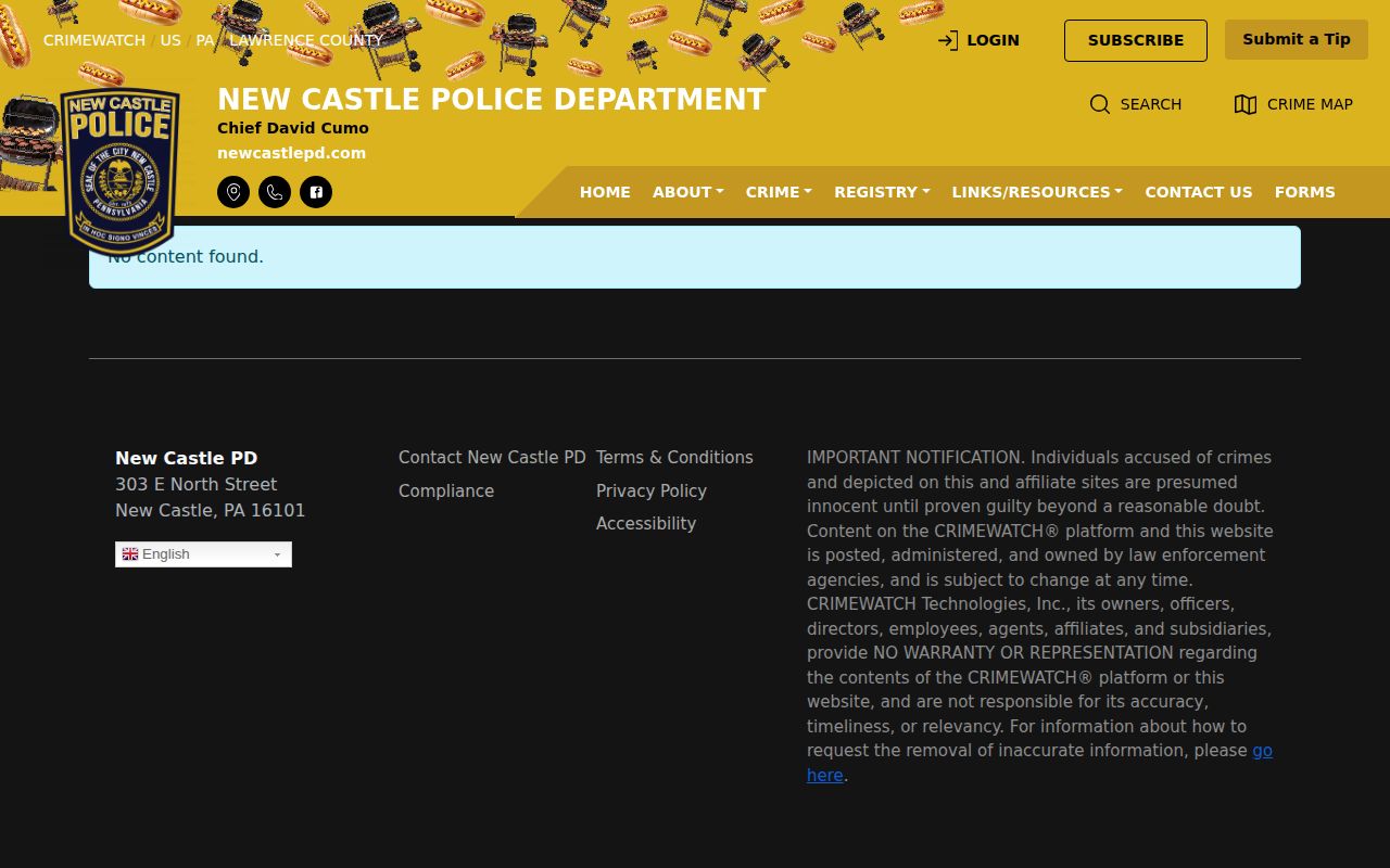 New Castle Police CRIMEWATCH arrest-record interface